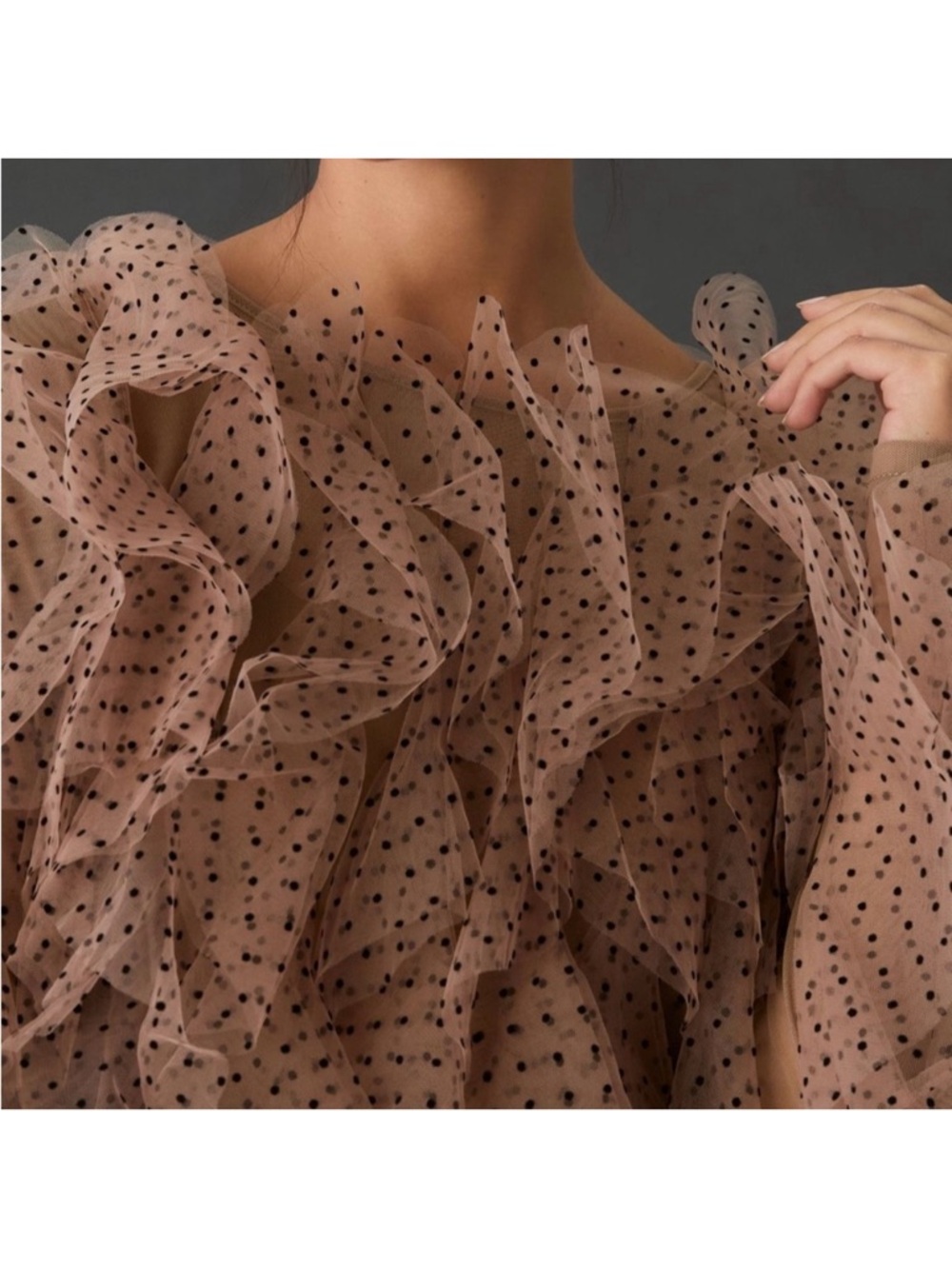 🖤 Anthropologie Dolan Tulle Beige Polka Dot Ruffle Tulle Blouse Medium - Picture 3 of 9